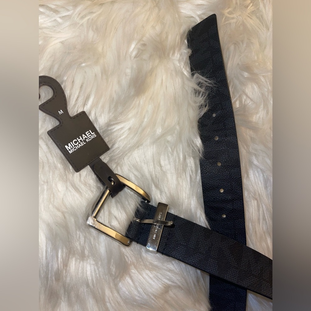 NWT MICHAEL KORS BELT BLACK MK PRINTED LOGO GOLD SIZE MEDIUM - Picture 13 of 17